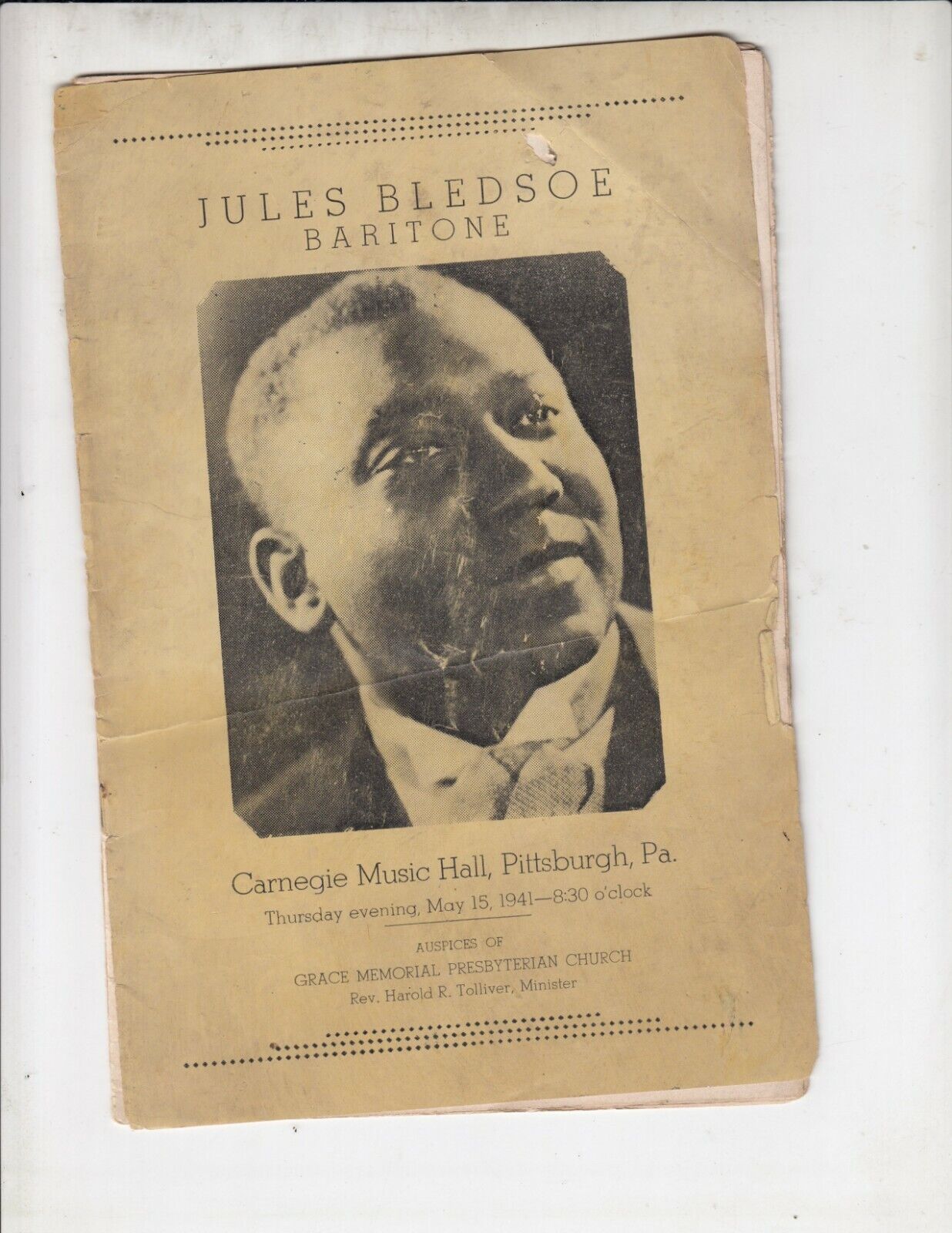1941 Program - Jules Julius Bledsoe Baritone at Carnegie music Hall , Pittsburgh