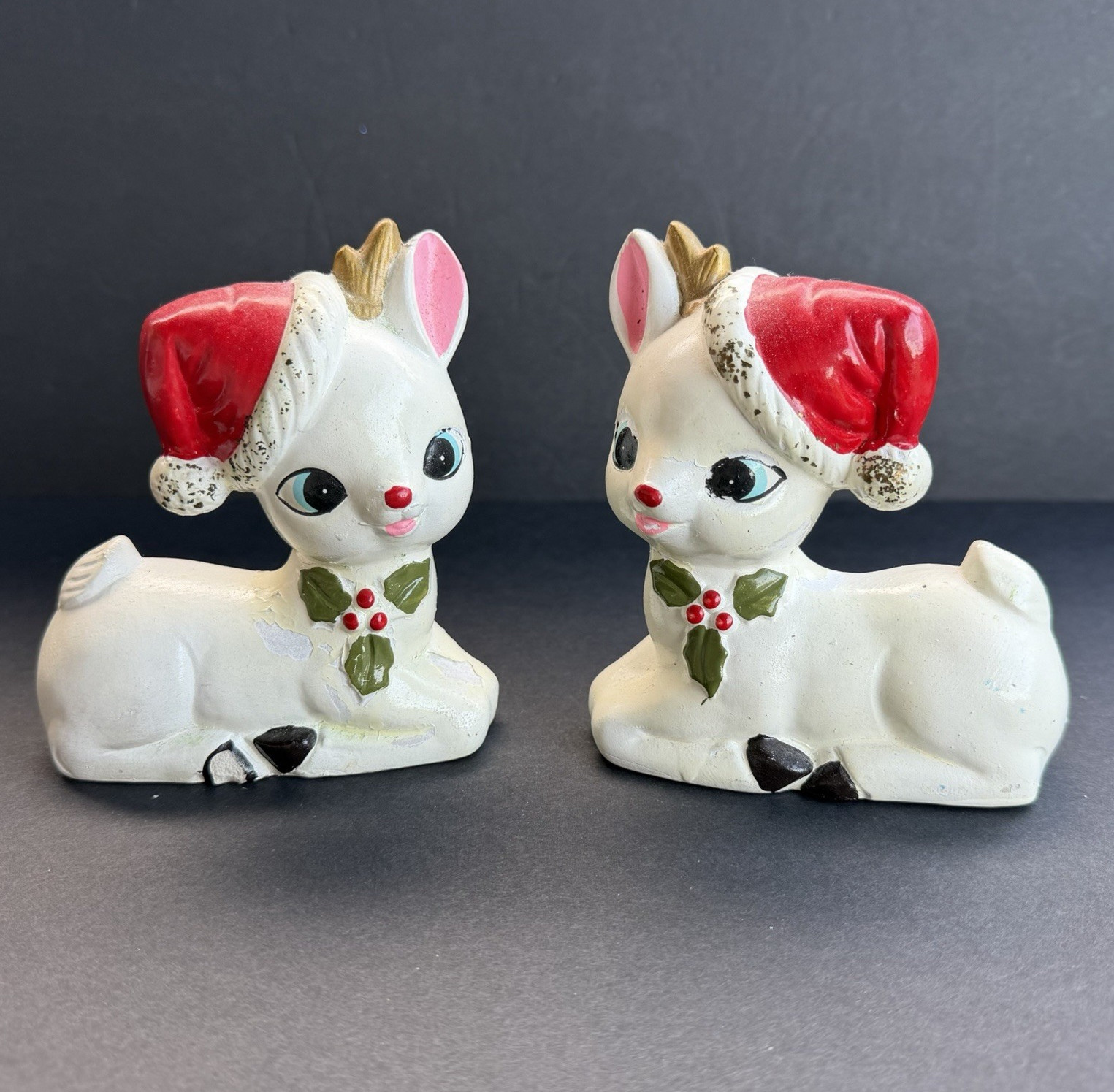 Vtg Pair Ceramic Christmas Deer Figurines K.N. Japan Retro MCM Reindeer *Flaws