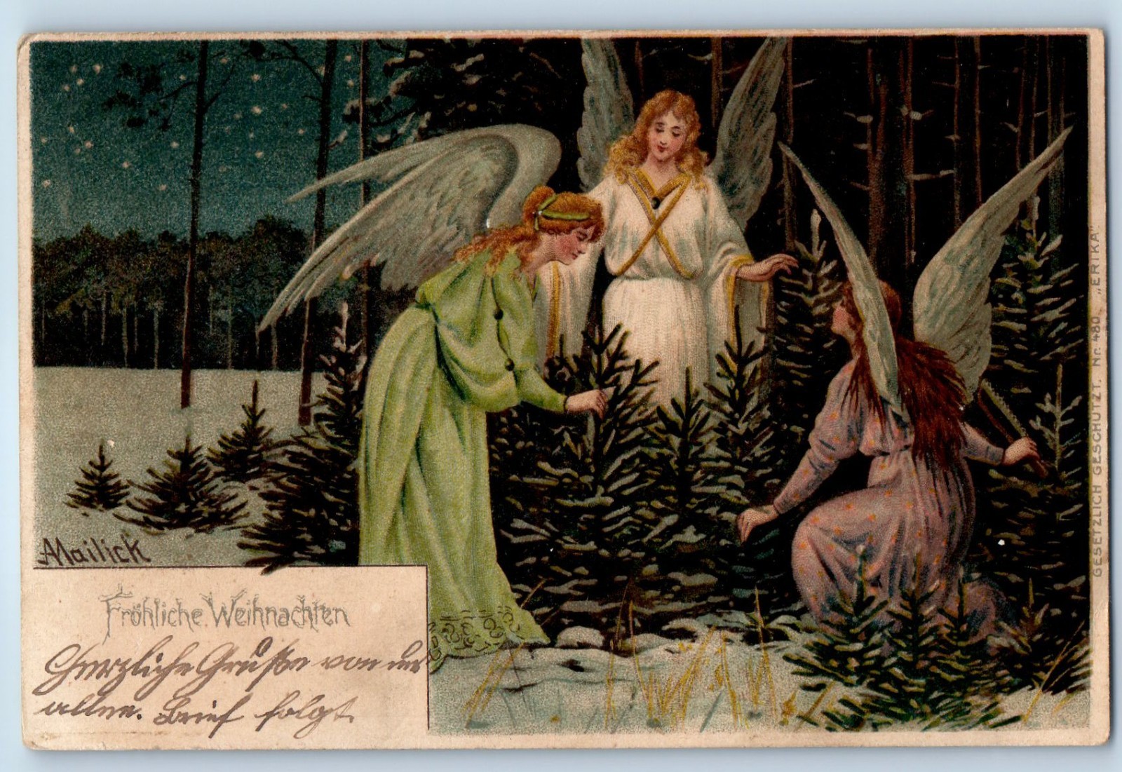 c1905 Christmas Holy Angels Winter Scene Mailick Endingen Germany Postcard