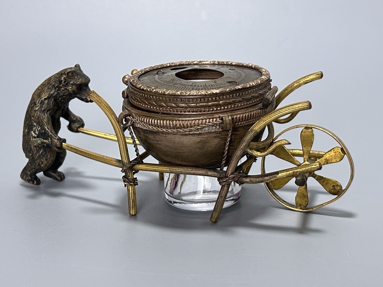 Antique 19thC French Palais Royal Gilt Bronze Brass Bear Wheelbarrow Inkwell 6”L