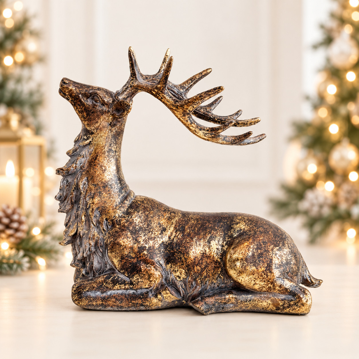 Bronze Ceramic Deer Figurine Reclining Stag Rustic Christmas Shelf Decor 10 Inch Bronze Ceramic Deer Figurine Reclining Stag Rustic Christmas Shelf Decor 10 Inch