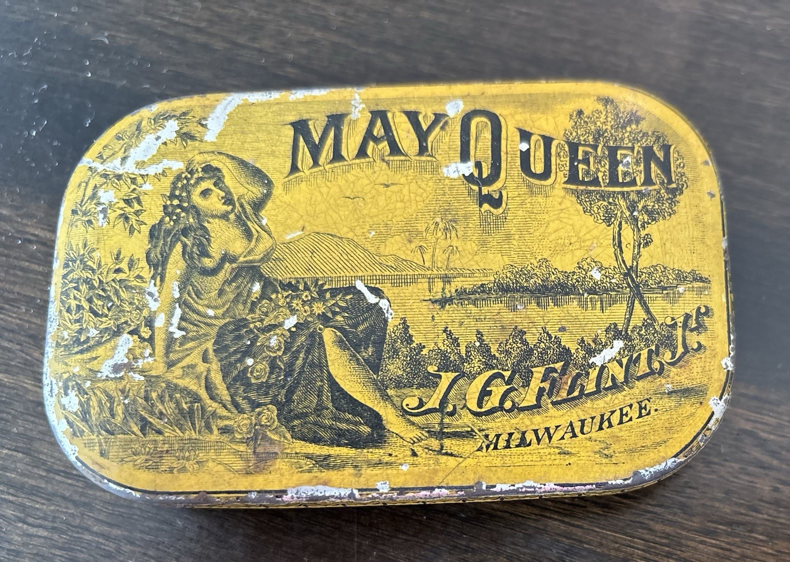 Vintage 1890's Tobacco Advertising May Queen Flat Pocket Tin Empty