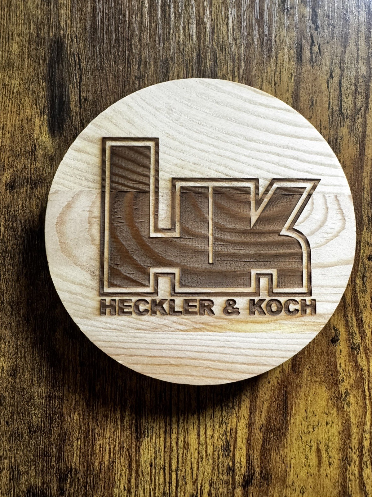 Heckler & Koch round Wood Engraved Sign Made In The USA 5x5 Collectors Edition