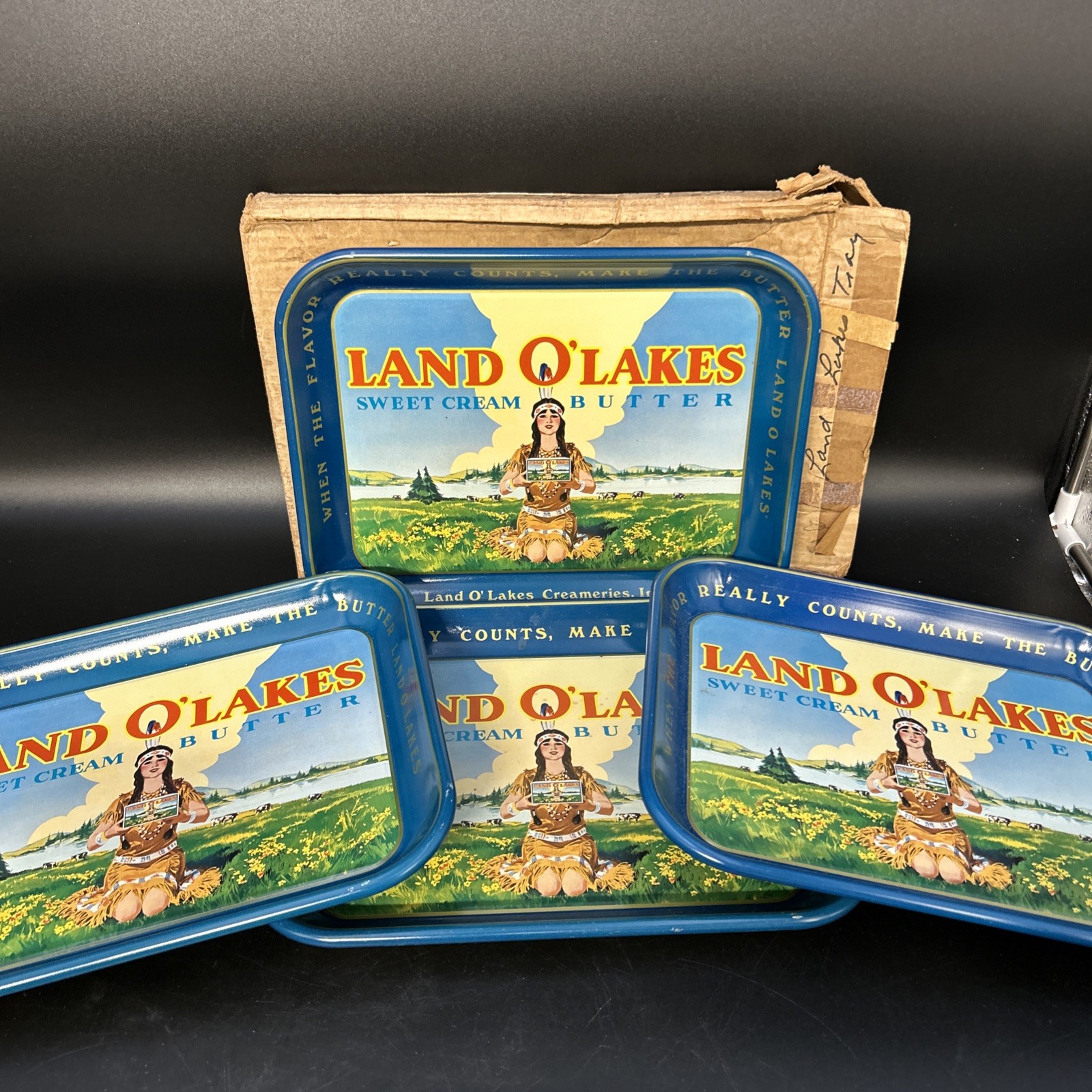 Vintage 1950s Land O\'Lakes Sweet Cream Butter Metal Trays With Retired Logo Set4 Vintage 1950s Land O\'Lakes Sweet Cream Butter Metal Trays With Retired Logo Set4