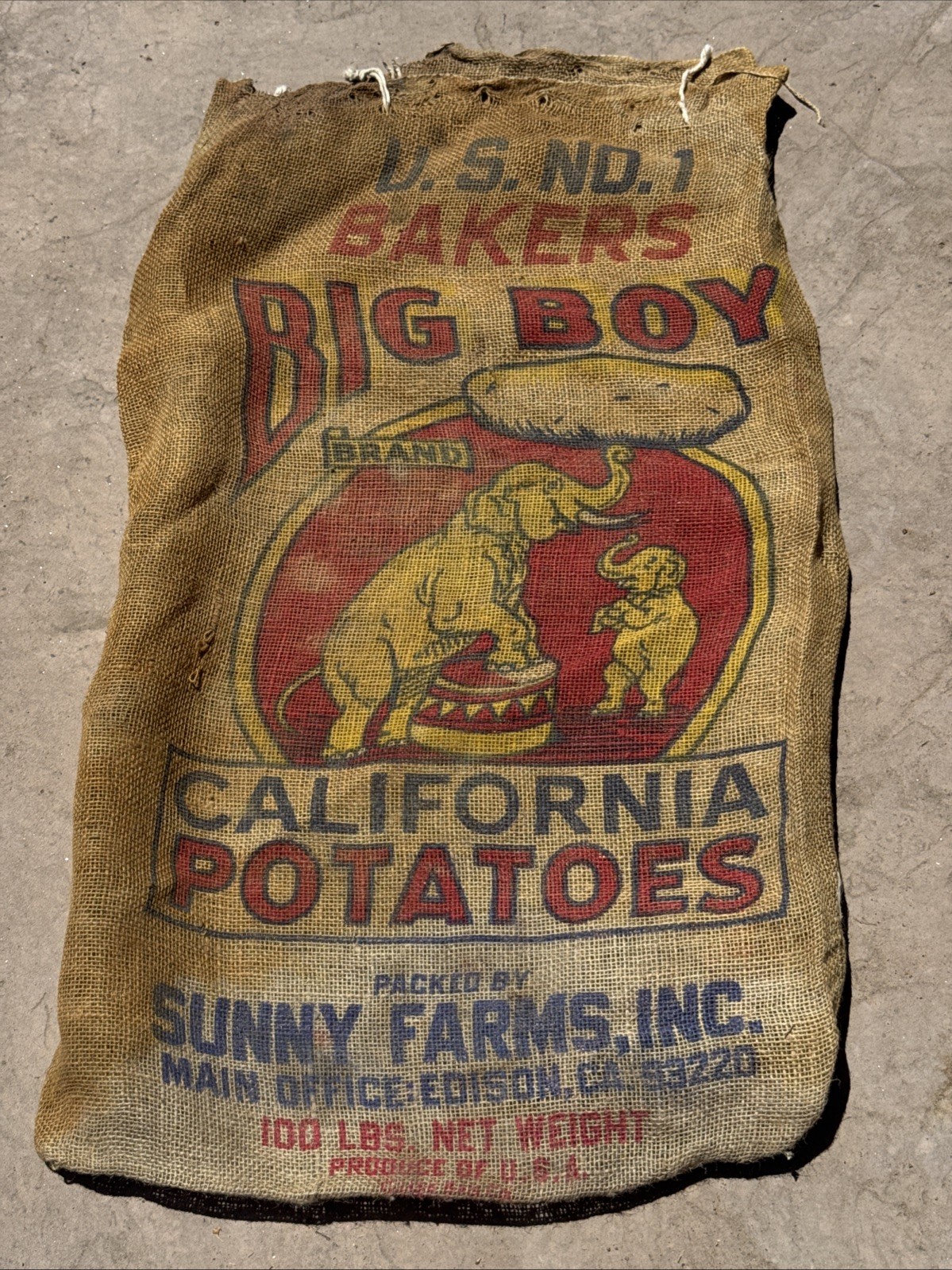 VTG Bakers Big Boy California Potatoes Burlap Bag 100 lb Gunny Sack Rare Antique VTG Bakers Big Boy California Potatoes Burlap Bag 100 lb Gunny Sack Rare Antique
