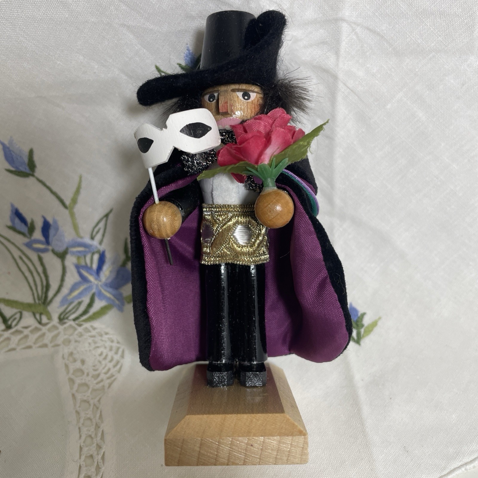 Steinbach German Wooden 4” Phantom Opera Mask and Rose Mini Nutcracker Figurine