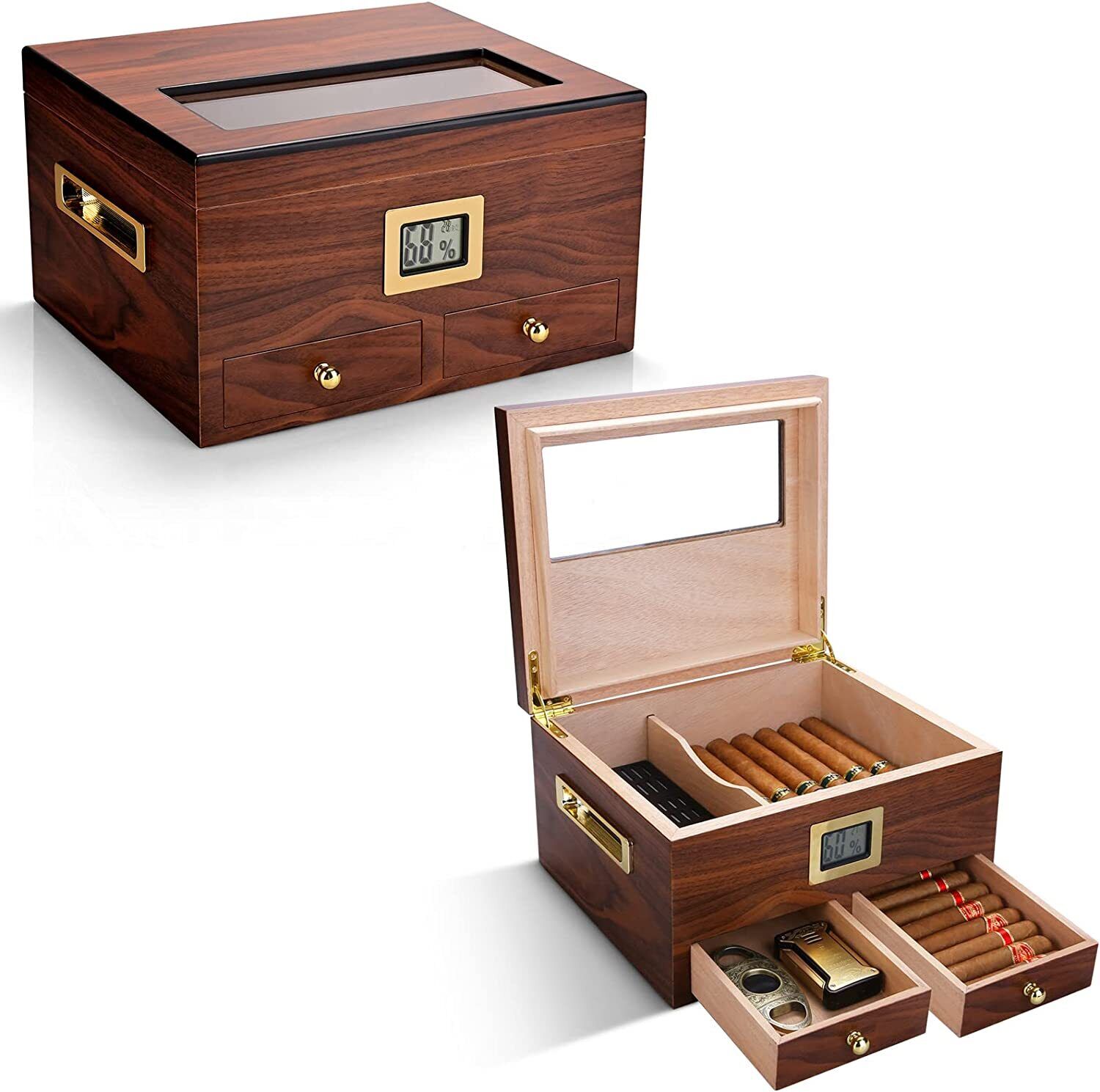 Cigar Humidor Humidifier Box with Front Digital Hygrometer Spanish Cedar Wood