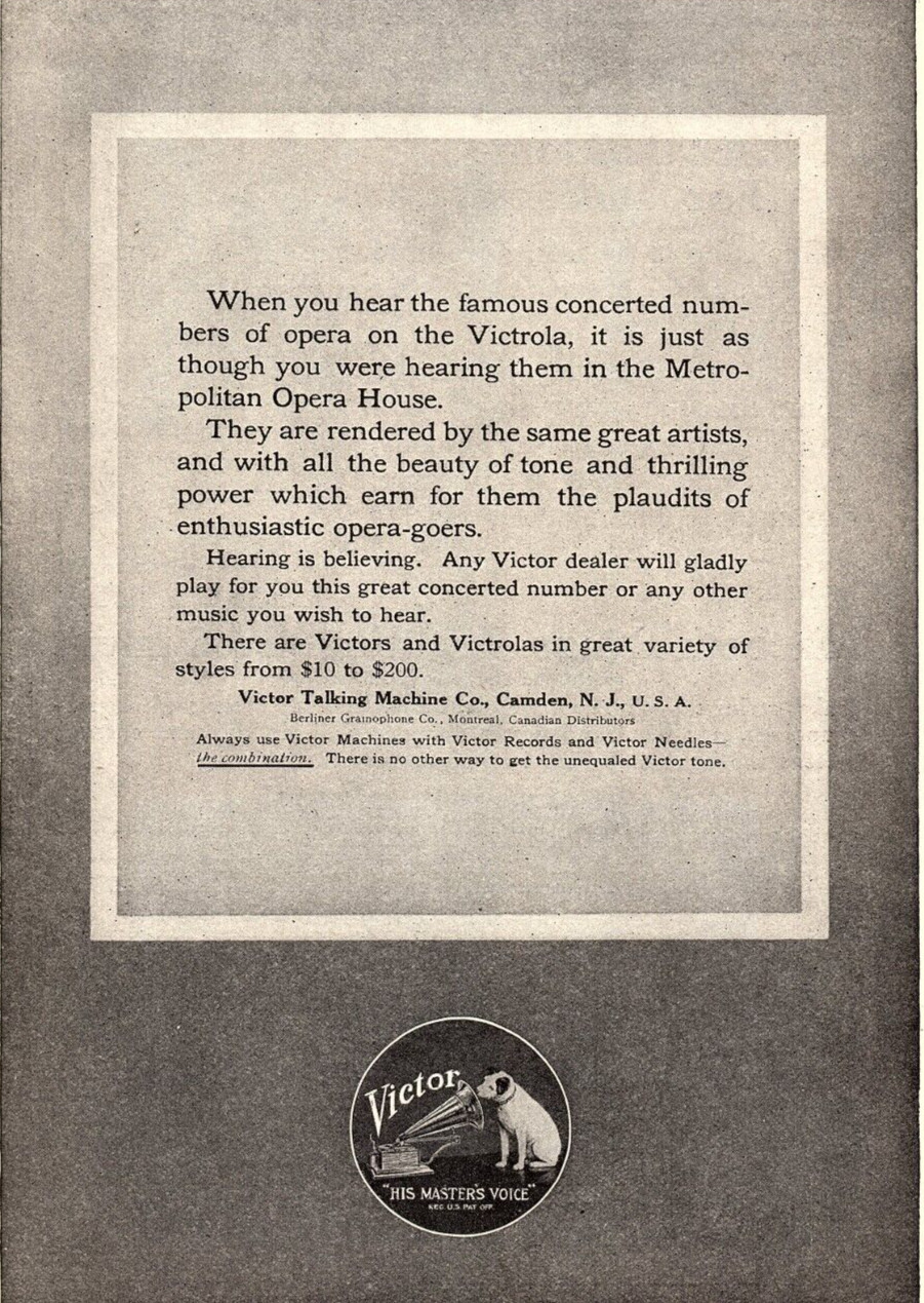 c1910 VICTOR RECORDS VICTROLA TALKING MACHINE VINTAGE ADVERTISEMENT Z973