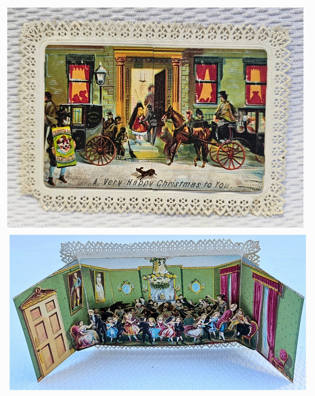 Antique 1870 Victorian Pop Up Christmas Card Dickensian Street Parlor Scene Rare