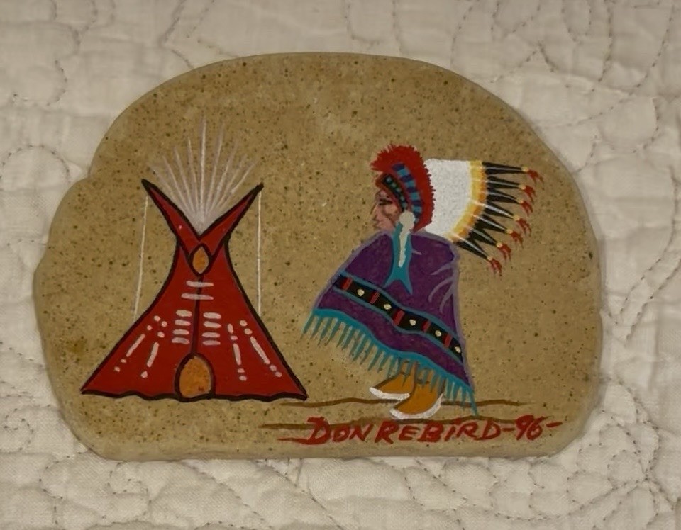 Vintage Don Redbird Kiowa Art Handpainted Flat Sandstone River Rock 5”Look