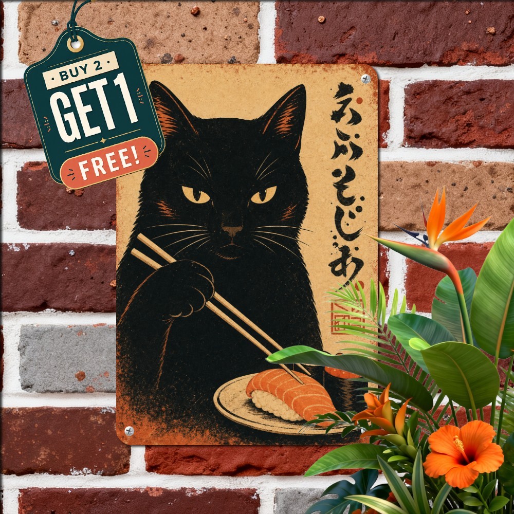 Cute Black Cat Eating Sushi Illustration Metal Tin Sign Kitchen Art