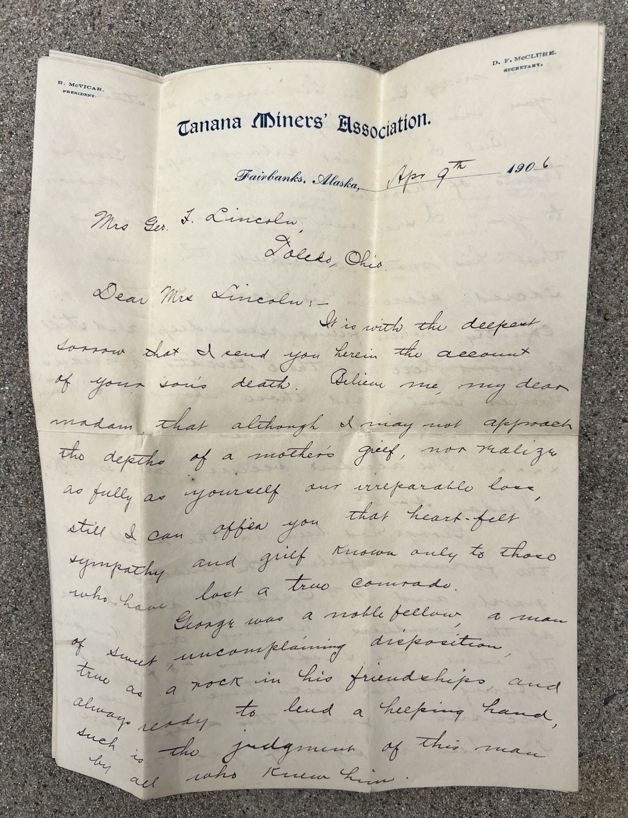 Tanana Miner’s Assn Death Notification For Alaska Miner George Lincoln, 1906