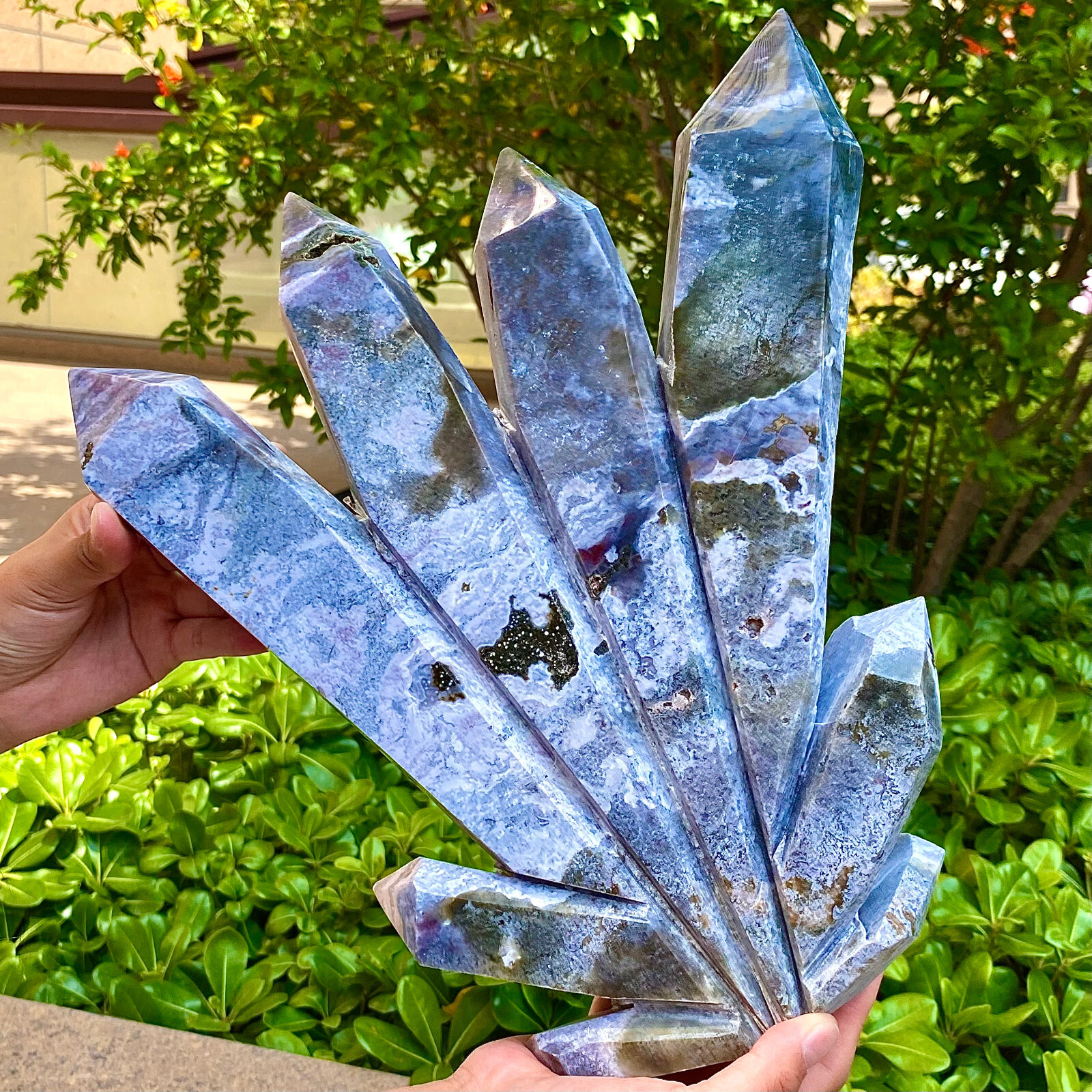 11.46LB  Natural water grass agate Multi pointed Obelisk crystal energy column