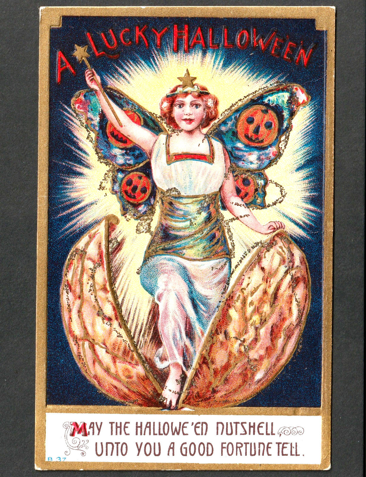 Authentic = A Lucky Halloween Fairy Magic Wand Fortune Nutshell JOL B37 PostCard