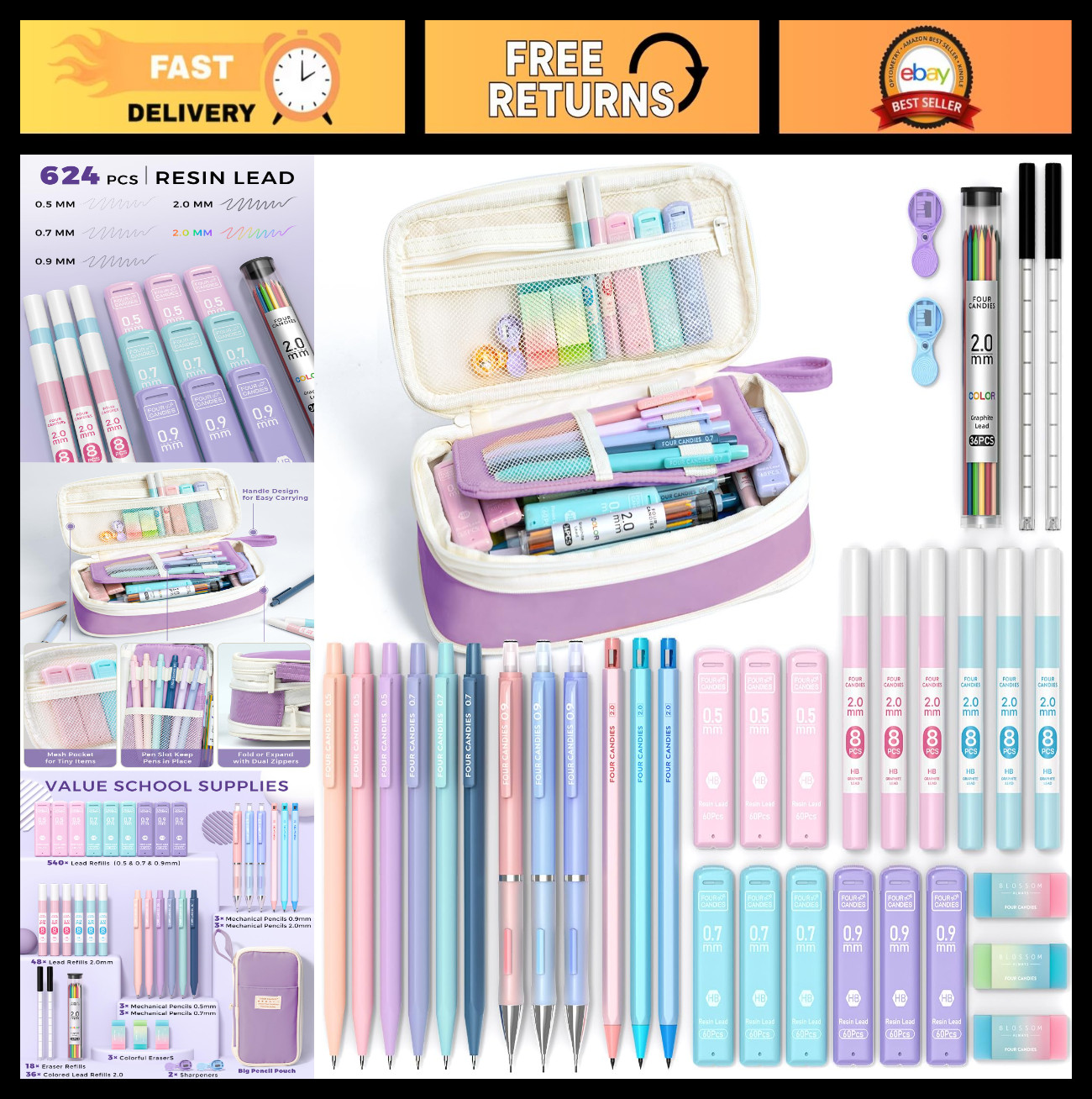 Aesthetic Mechanical Pencil Set 36PCS with 624 Lead Refills - Cute School Suppli