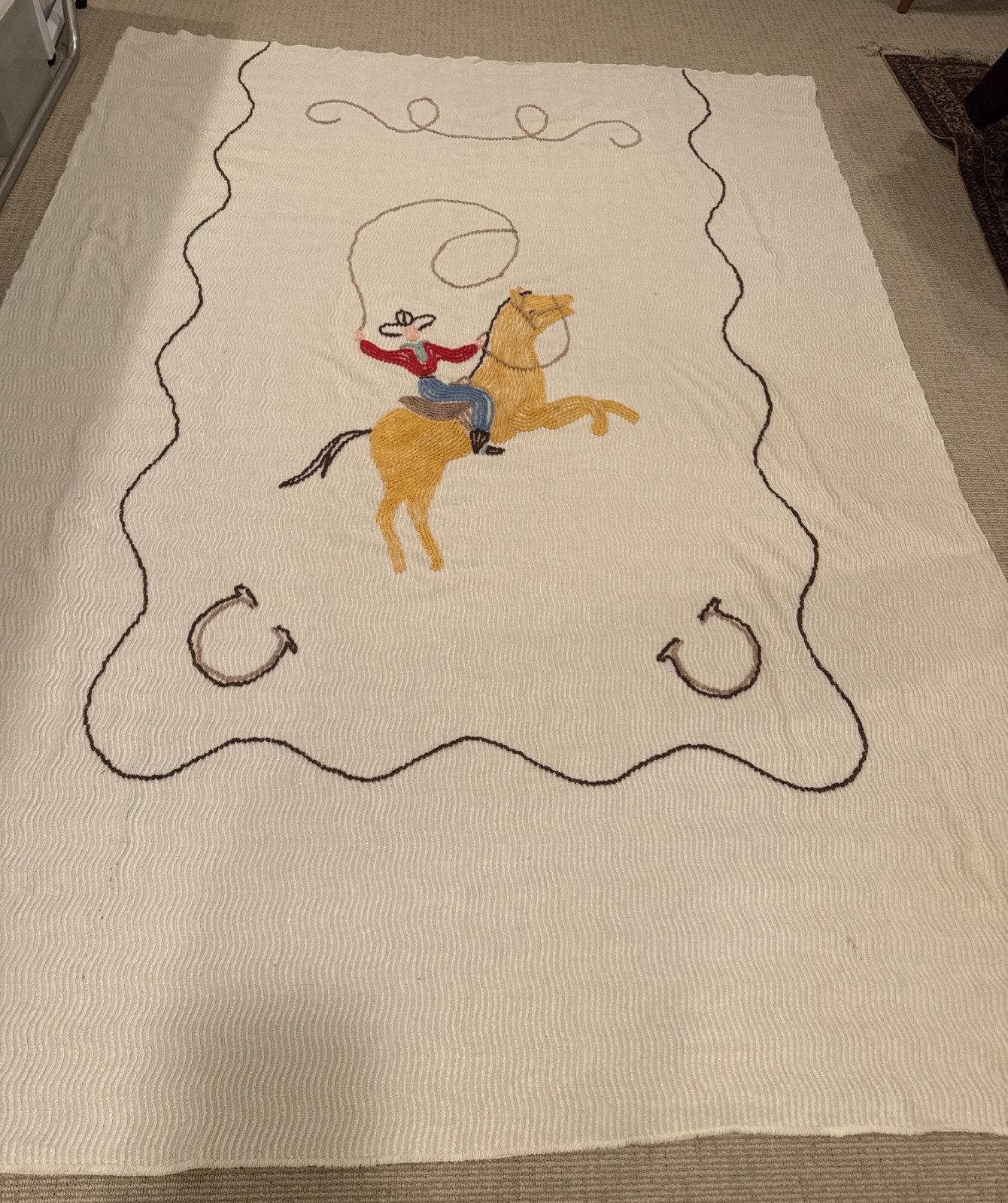 Vintage 1950s Western Chenille Bedspread With Cowboy Motif Full Size 74 X 100 In
