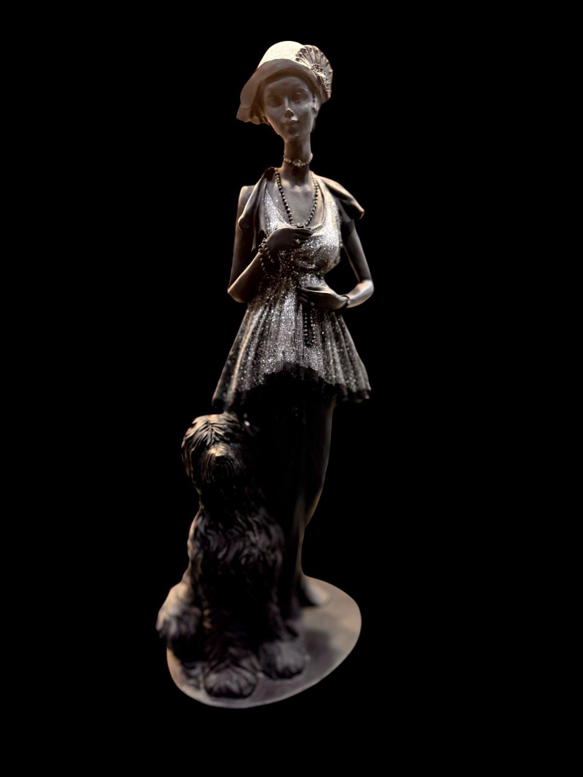 Black Glittered sculpture of a lady walking her Borzoi dog -New Black Glittered sculpture of a lady walking her Borzoi dog -New