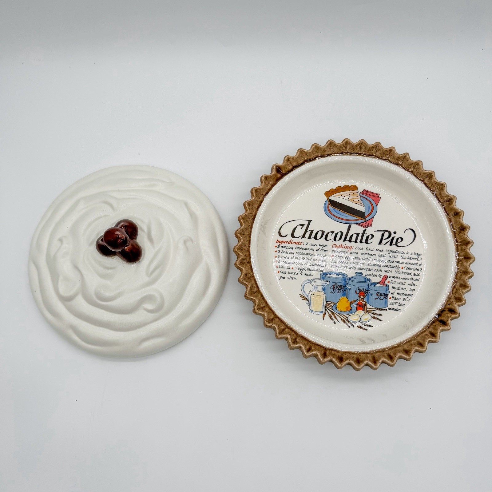 Chocolate Pie Recipe Ceramic Round Pie Dish Plate w/ Matching Lid, 2-Piece Set