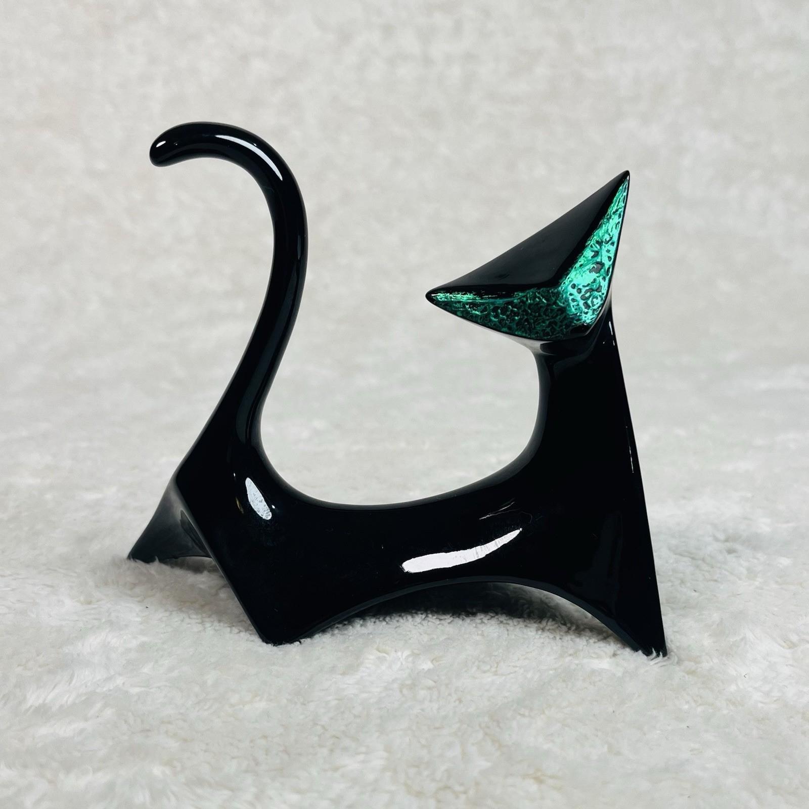 Vintage Atomic Black Cat Figurine MCM Cubist Geometric Unique Texture Green Face