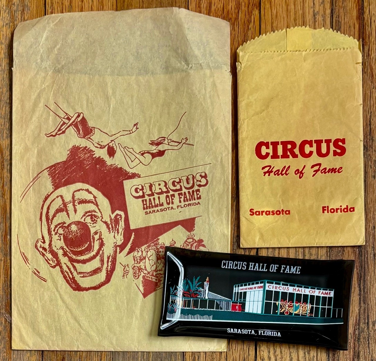 1960s Sarasota Florida Circus Hall of Fame Souvenir Glass Tray + Gift Shop Bags