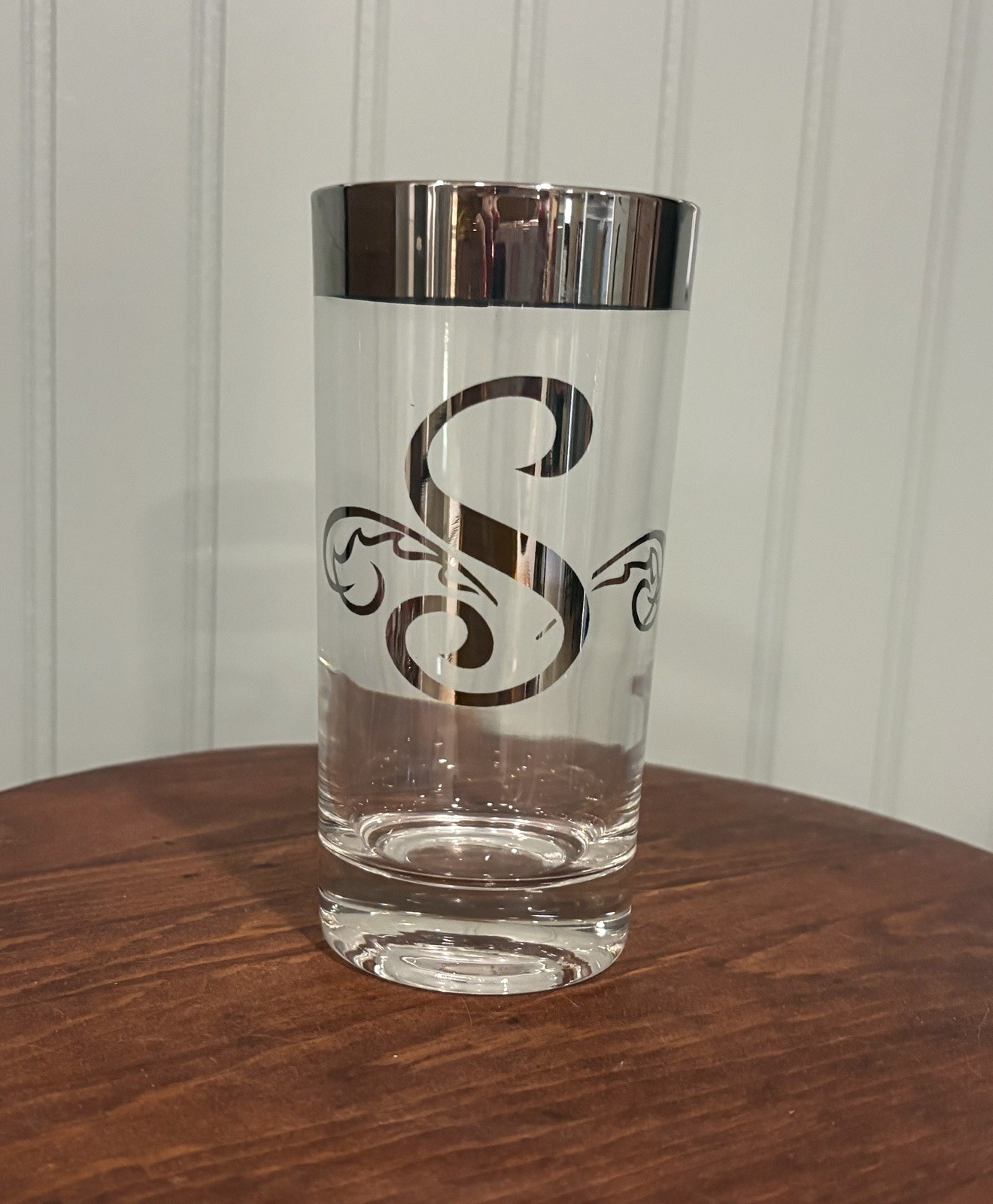 8 Vintage MCM Silver Rim Monogrammed “S” High Ball Glasses
