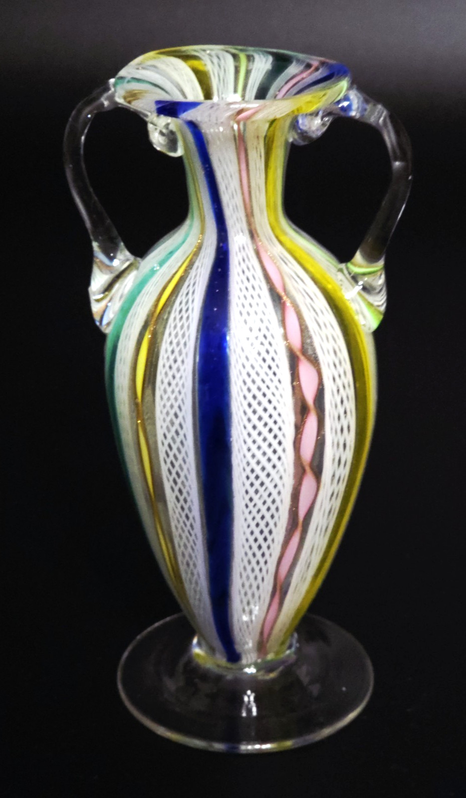 Vintage Murano Latticino Zanfirico Glass Vase Twin Handled Rainbow Ribbon 5\