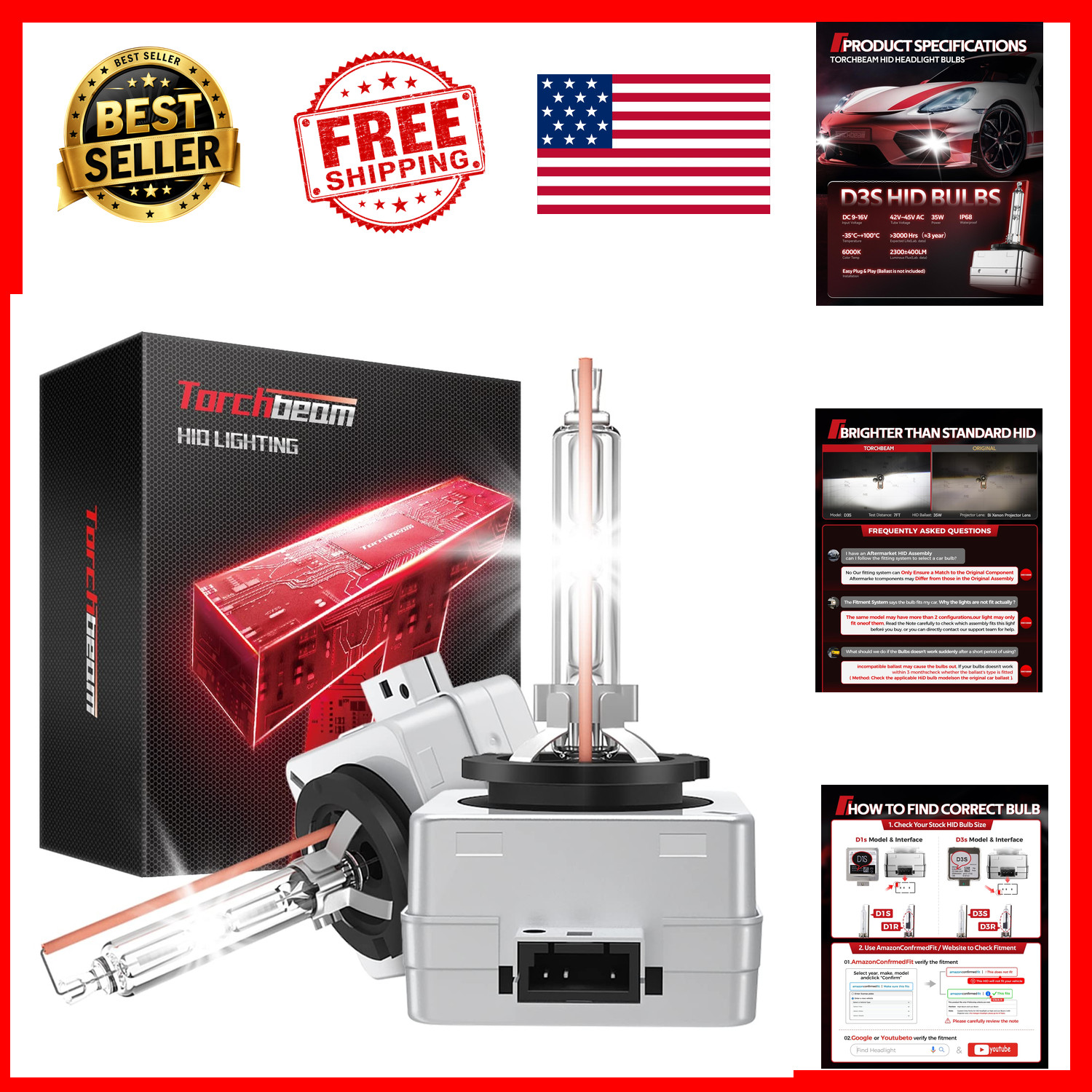 D3S HID Bulbs 6000K Cool White 35W Xenon Headlights OEM Replacement Pack of 2