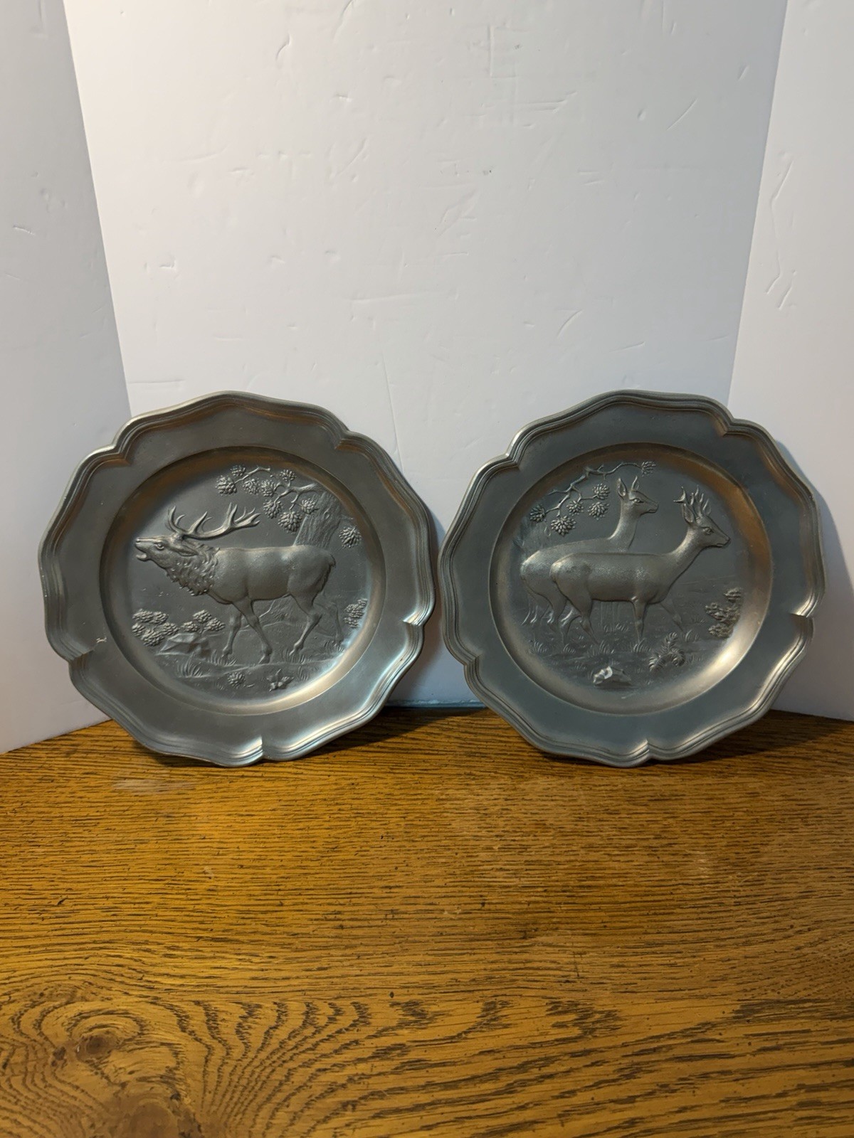Vintage SKS Zinn Pewter Wall Plates Set 2 Deer Stag Elk Relief Plaque Germany