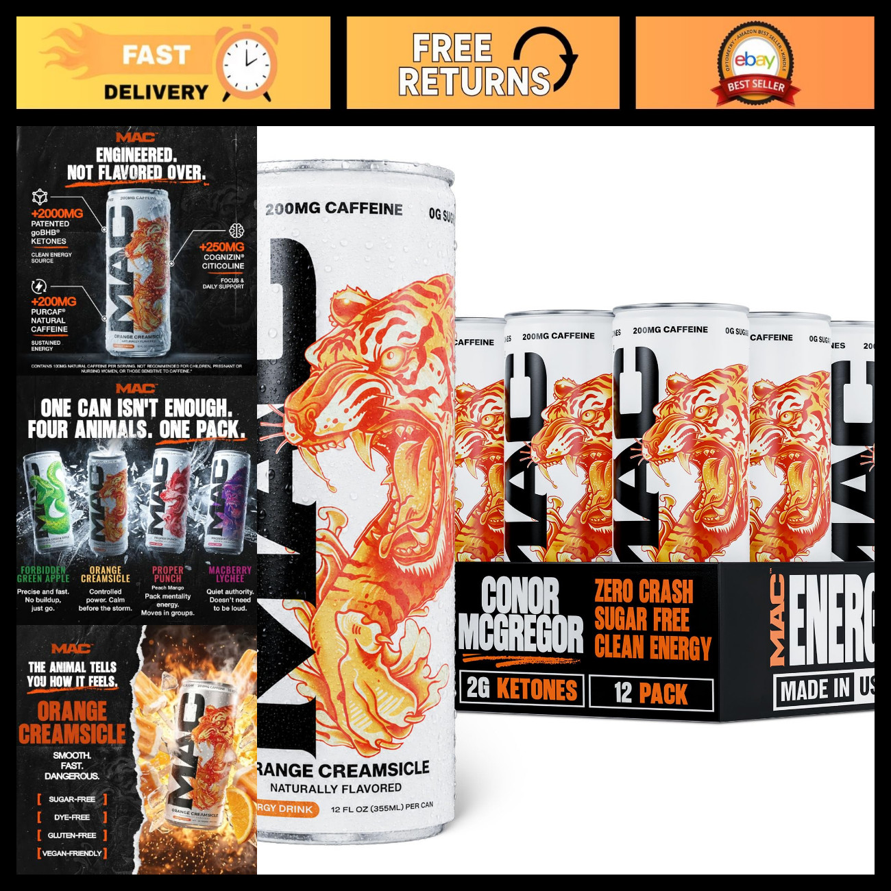 Sugar Free Energy Drink - Orange Creamsicle Flavor, Boost Energy & Focus, 12 Pac