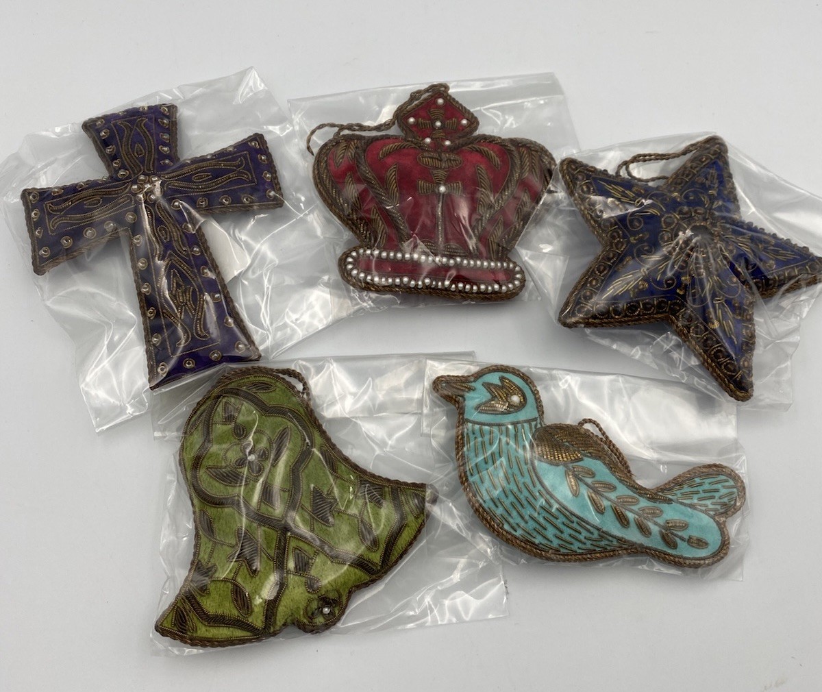 Handcrafted Fabric Beaded Embroidered Ornaments VTG  Made In India Set Of 5 NEW