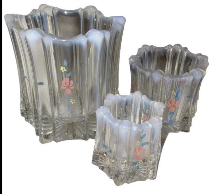 Rare Fenton Opalescent Glass HP Vulcan Set of 3 Votive Candle Holders Vases