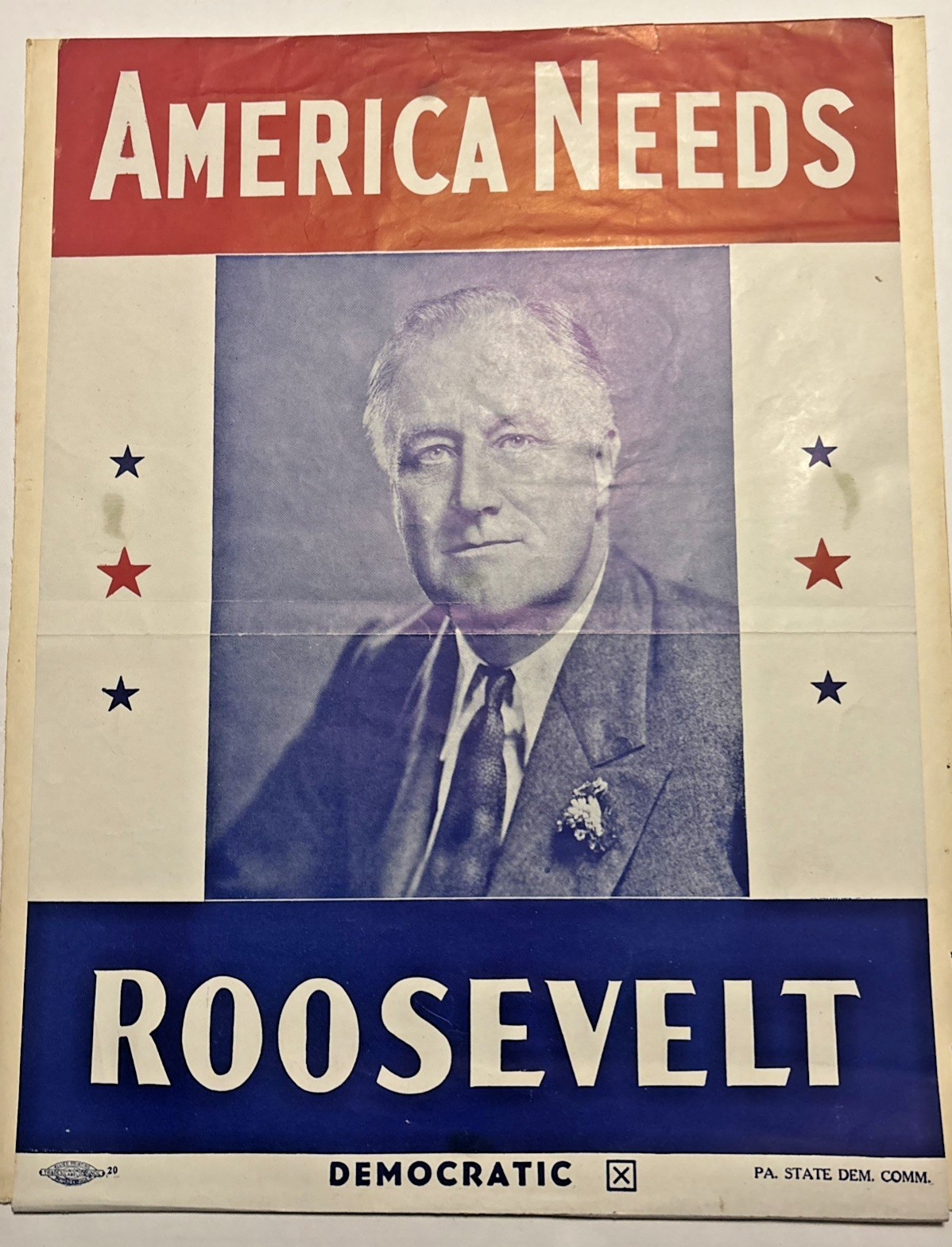 Original 1940 FDR Franklin D. Roosevelt Presidential Campaign Window Poster