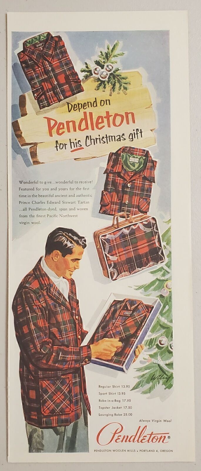 1952 Print Ad Pendleton Virgin Wool Tartan Men\'s Clothing Portland,Oregon