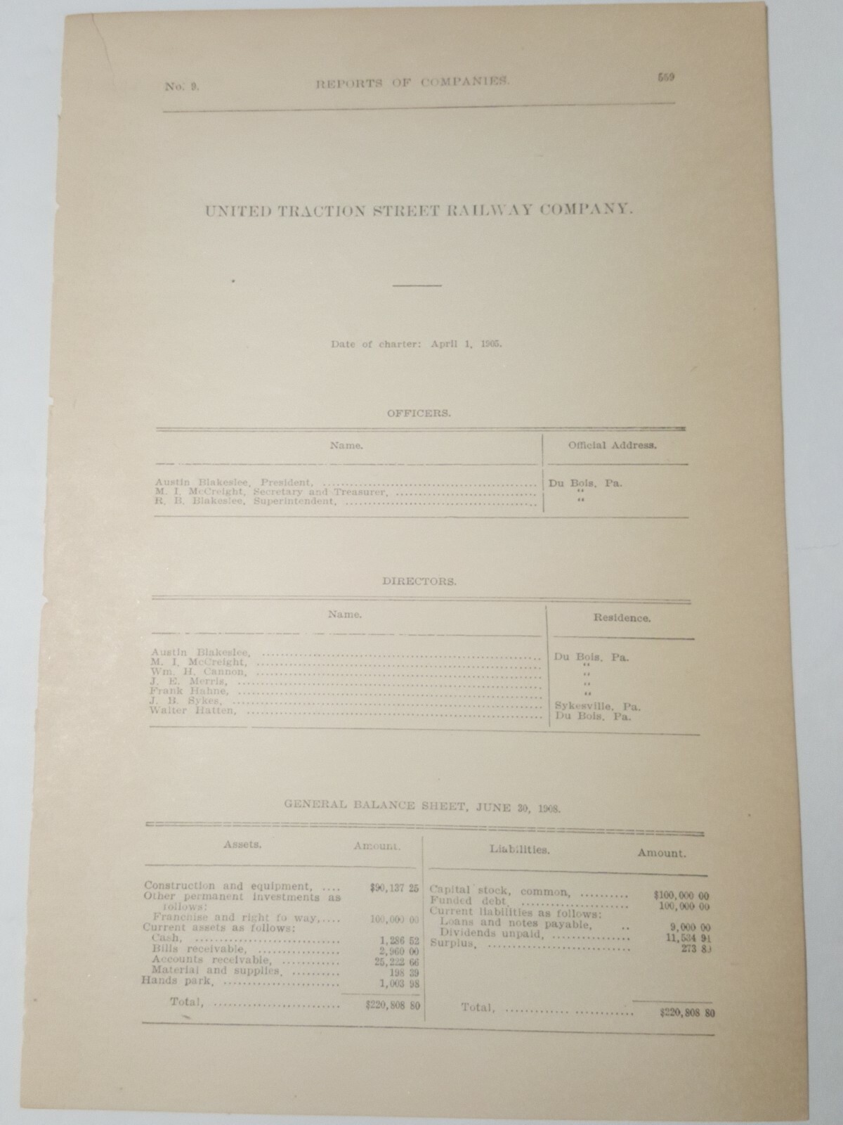 1909 RR document UNITED TRACTION STREET RAILWAY streetcar trolley Dubois PA 