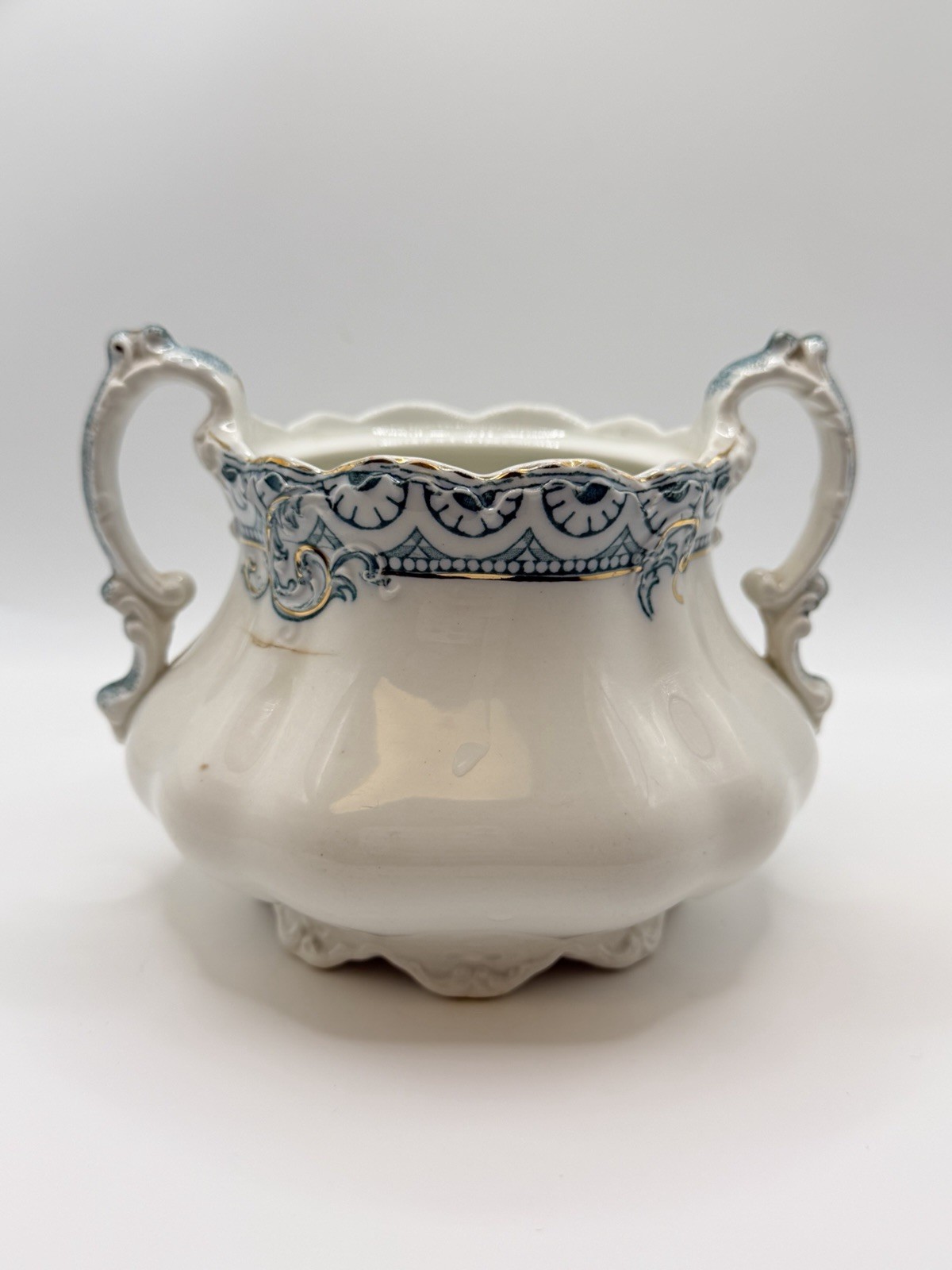 Antique Johnson Bros Touraine Open Sugar Bowl Teal Gilt England c1900 Hairline