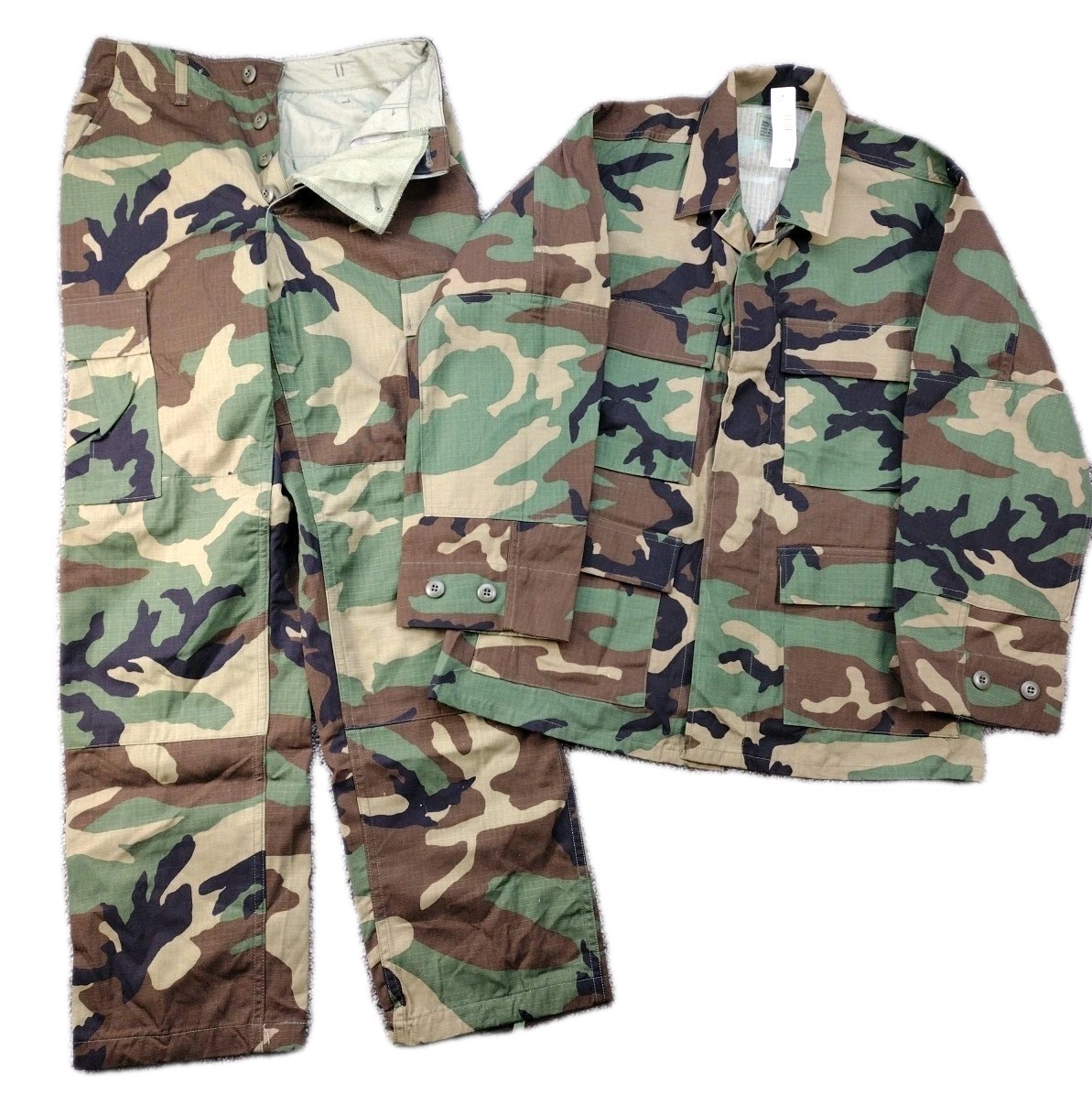 Vintage BDU Uniform WOODLAND Camo SET Combat Shirt Pant Hot Weather XS-S NWT NOS