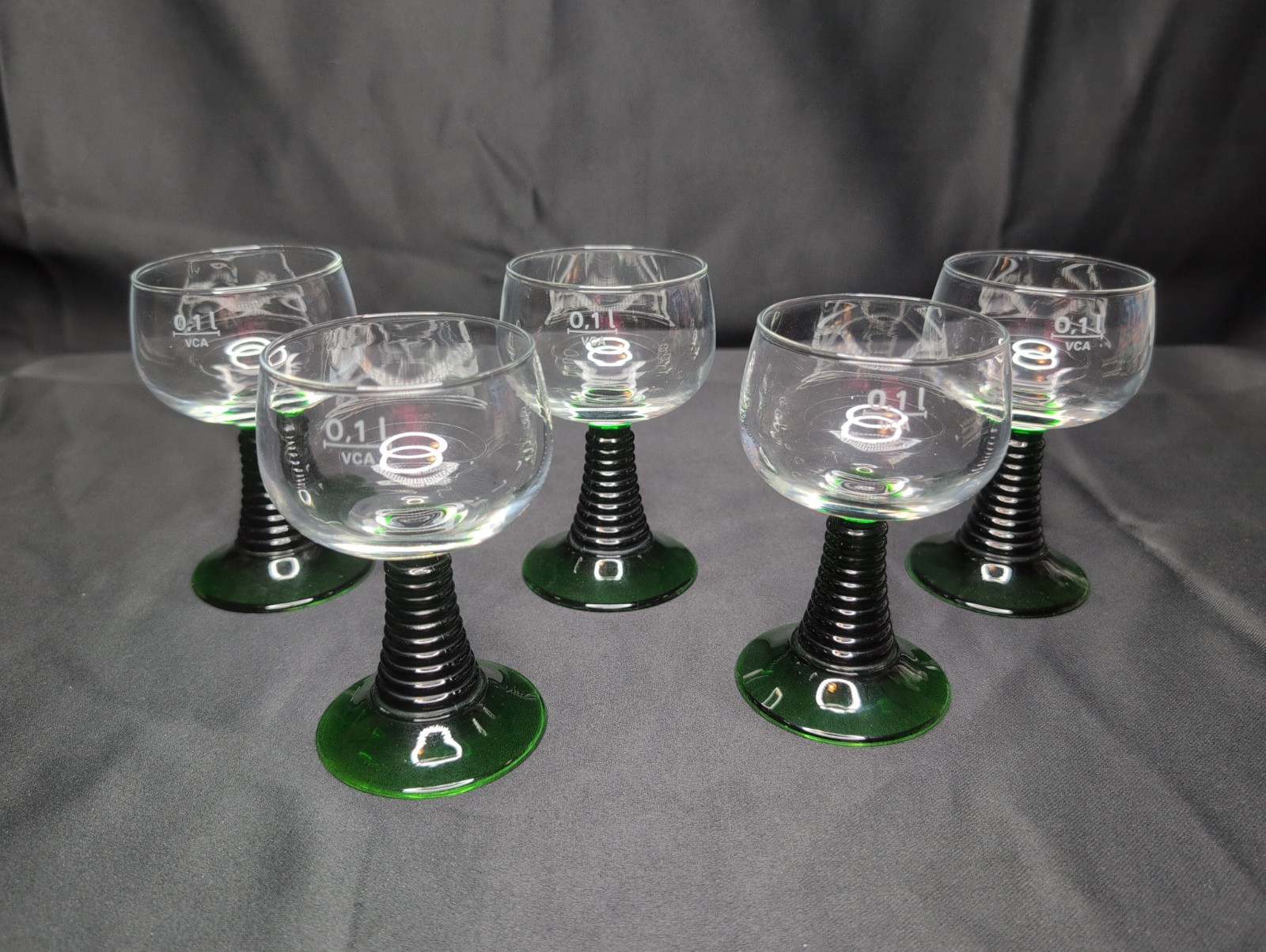 Vintage Luminarc France Green Ribbed Beehive Stem Röemer Wine Glasses 0.1L Set 5