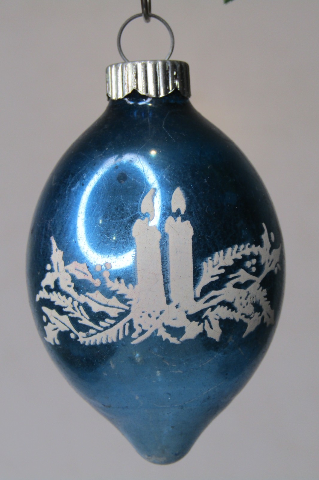VTG 50\'s Glass CANDLELIGHT Pictured Drop Christmas Ornament Shiny Brite Blue