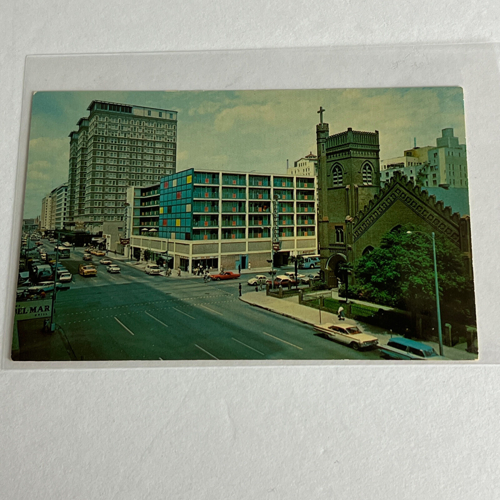Houston Texas Downtown Avenue Christ Church Motor Inn Rice Hotel Postcard