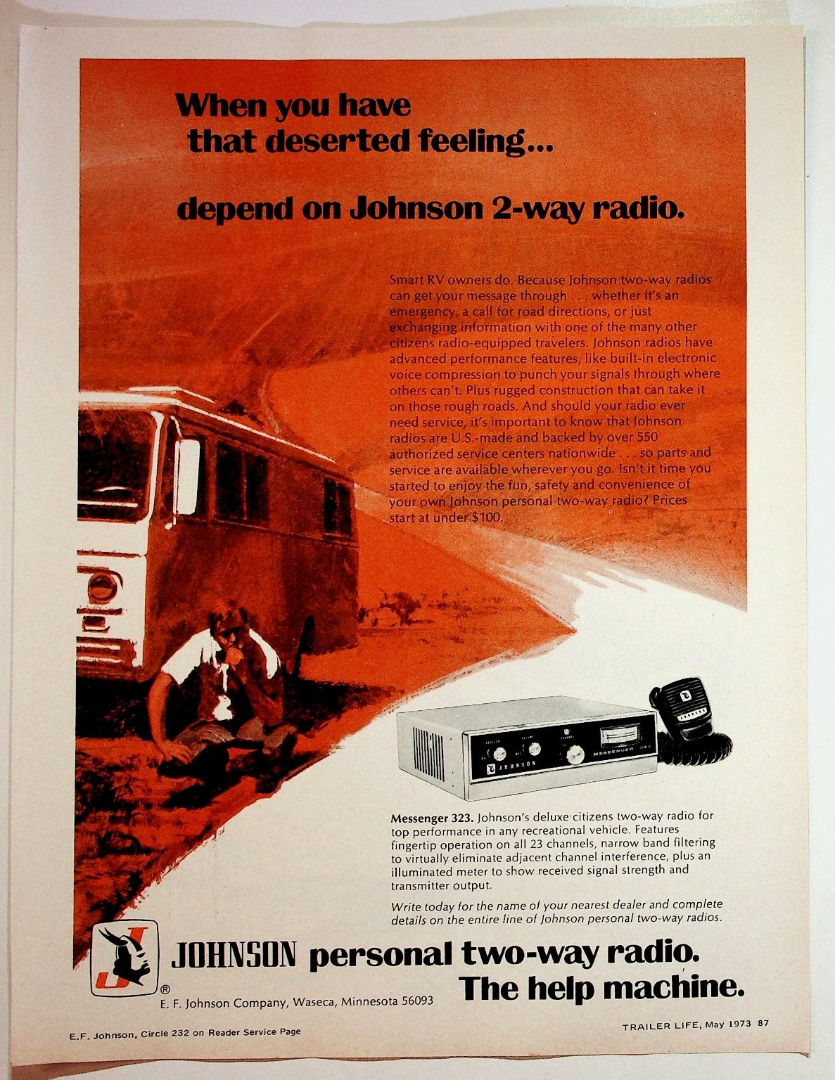 Johnson Messenger 323 CB Radio Vintage 1973 RV Motorhome 2-Way Print Ad