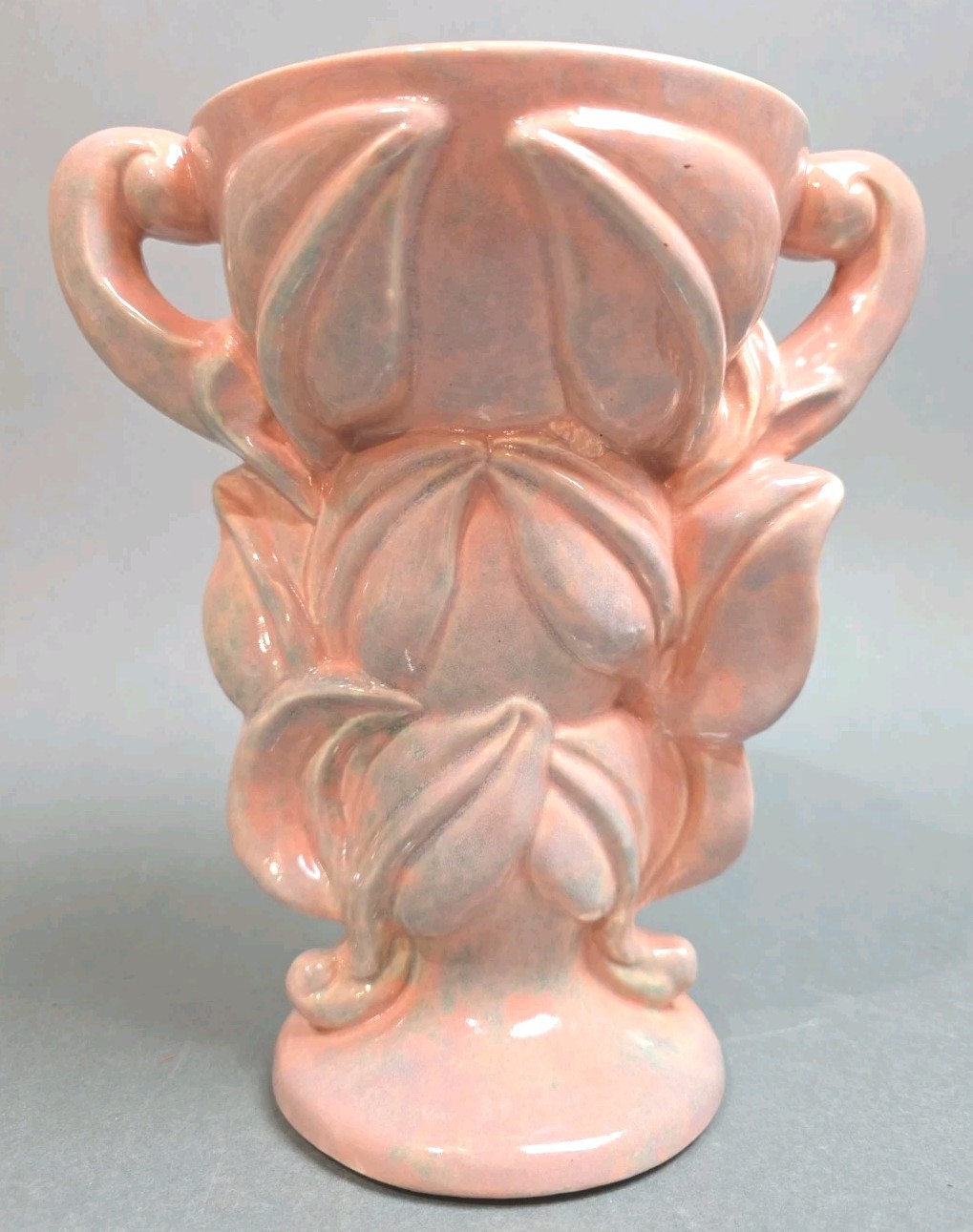 Vintage Gonder H-77 Pink Mottled Leaf & Vine Double Handle Art Pottery Vase MCM