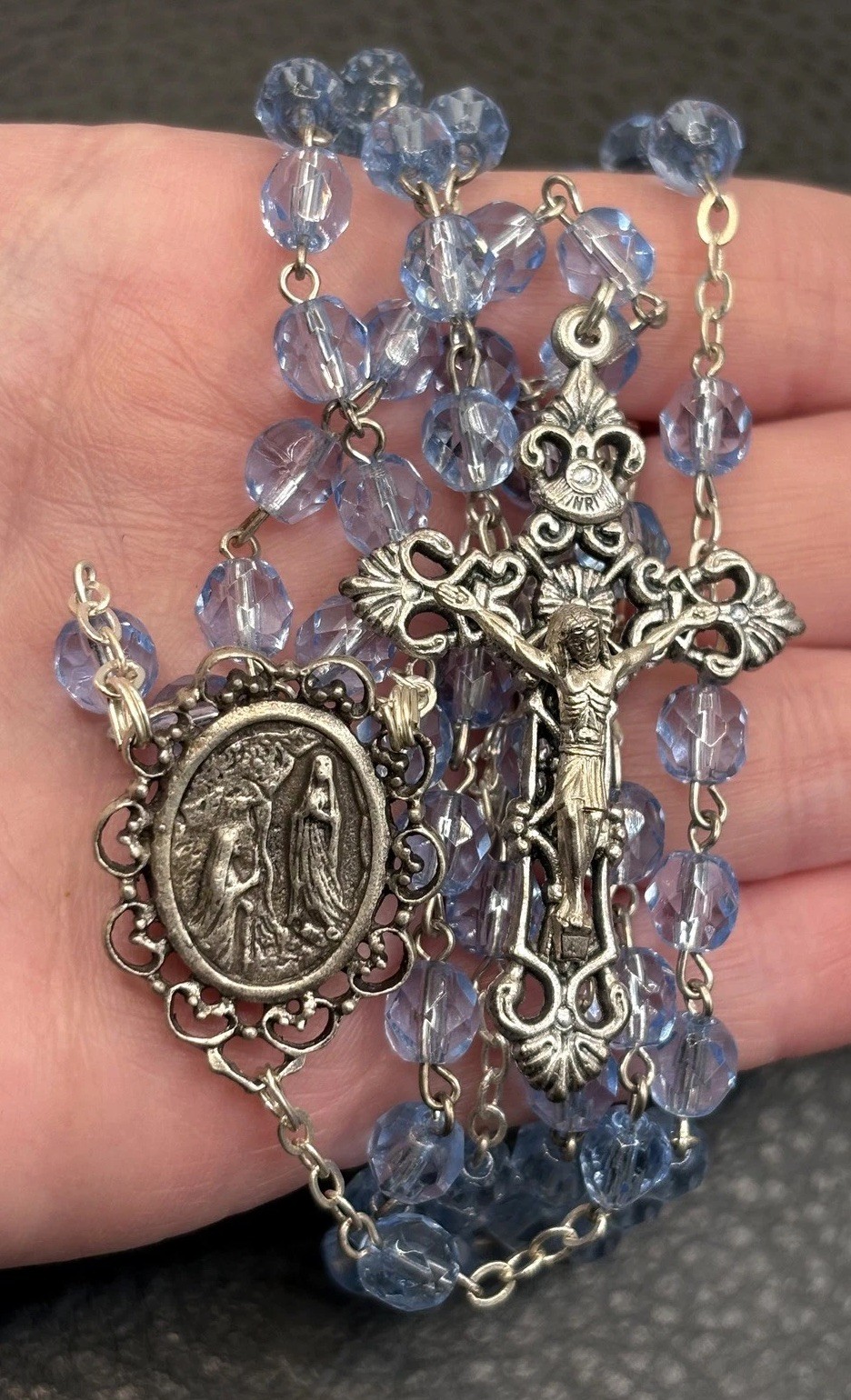 Vintage Our Lady of Lourdes Rosary Blue Glass Beads Crucifix Silver Tone 28”