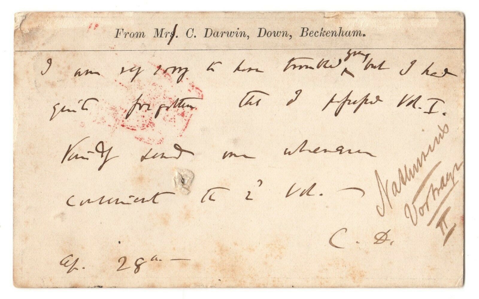 CHARLES DARWIN SIGNED HANDWRITTEN POSTCARD - STEVE GRAD LOA