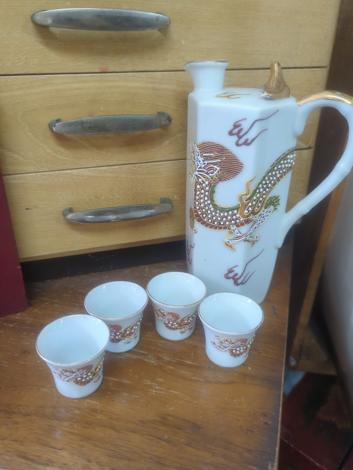Vintage Japanese Dragonware Moriage Saki Decanter W/4  Lithophane Cups