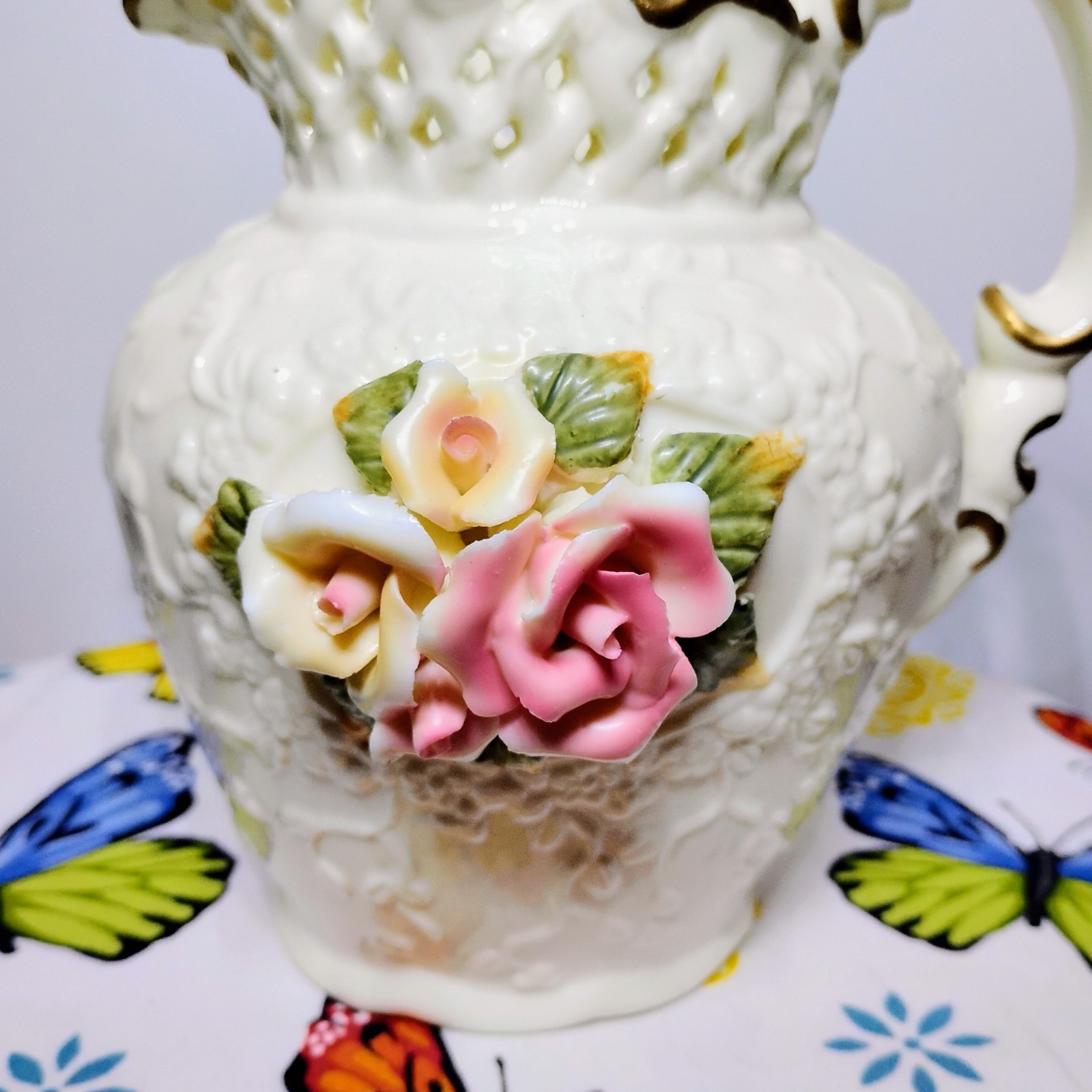 Vintage Capodimonte Style Porcelain Floral Pitcher - Reticulated Lattice Neck