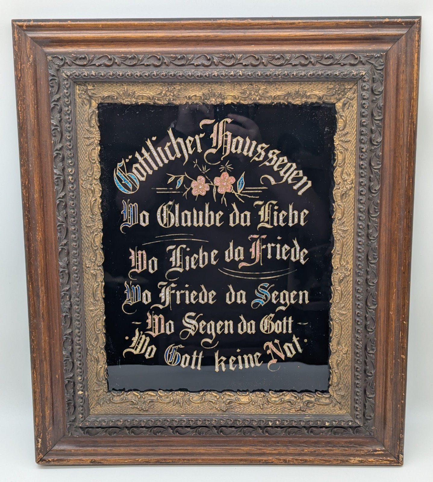 Antique German Reverse Painted Glass Foil Art House Blessing Framed Proverb