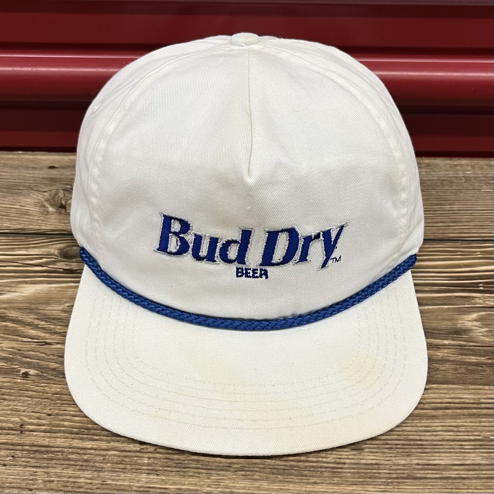 Vintage Bud Dry Beer StrapBack Hat Cap USA Made Budweiser Rope Brim White Blue