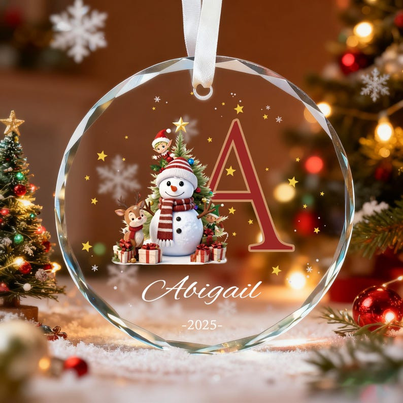 Custom Monogram Name Glass Ornament, Elf Snowman Christmas Ornaments for Kids