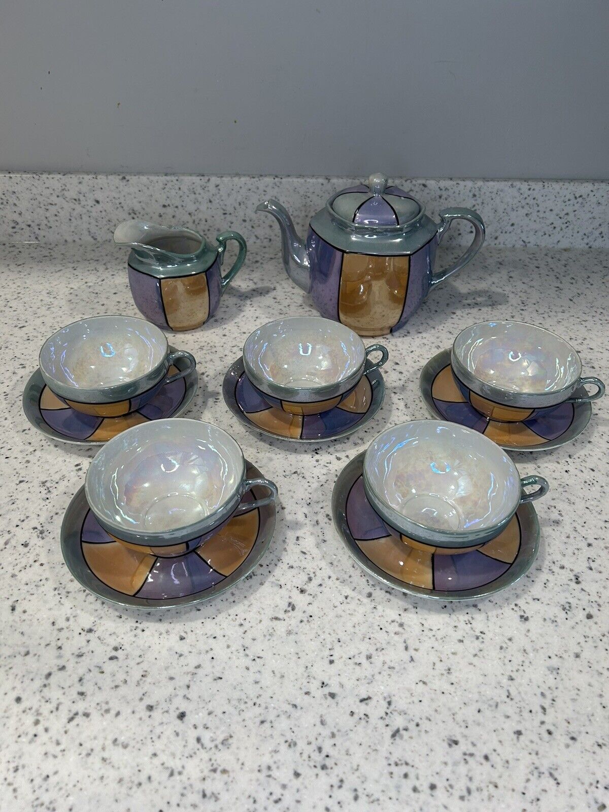 Japan Lusterware Tea Set Coffee Teacups Multicolor Hosting Geometric Vintage