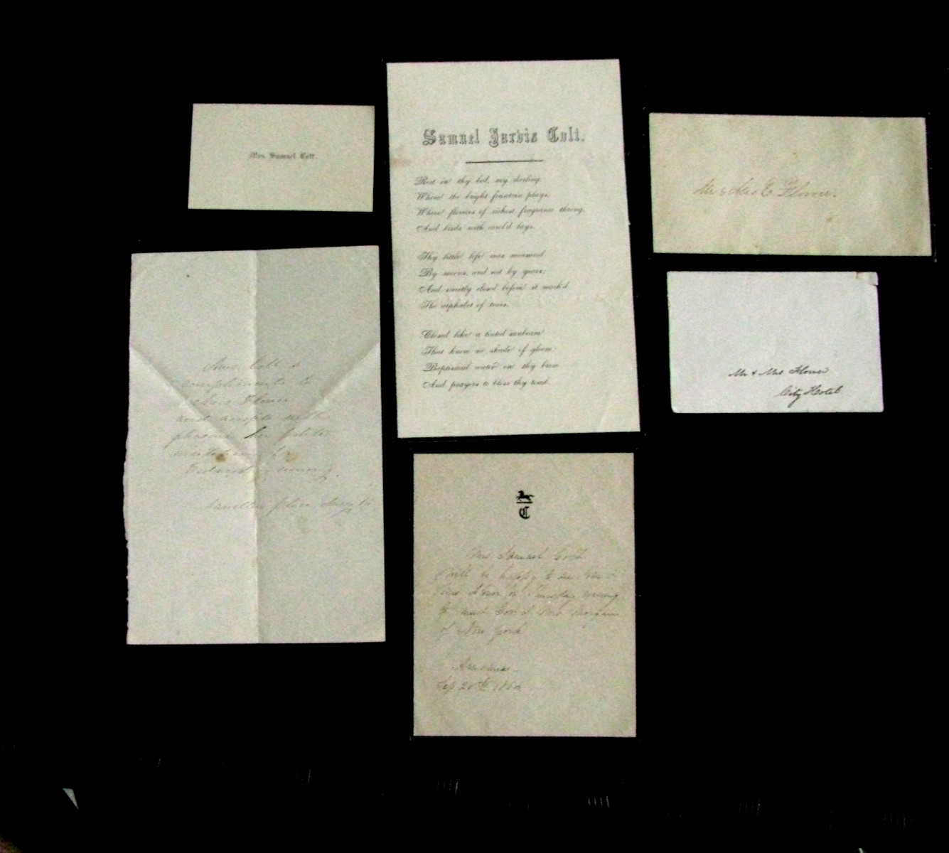 MRS SAMUEL COLT CALLING CARD, NOTE, MOURNING CARD GROUP 1857 TO 1864 MRS SAMUEL COLT CALLING CARD, NOTE, MOURNING CARD GROUP 1857 TO 1864